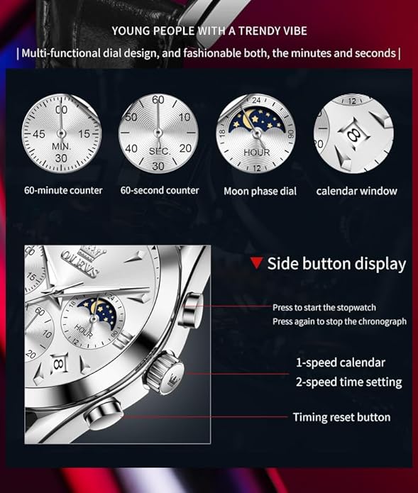OLEVS Men's Leather Analog Quartz Watch - Luxury Chronograph Wristwatch With Date, Waterproof, Luminous - Dress Style