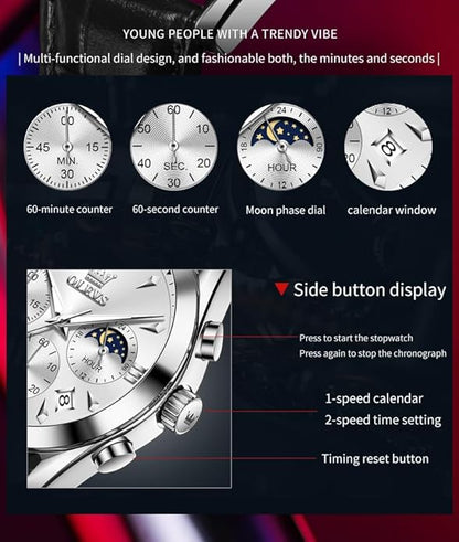 OLEVS Men's Leather Analog Quartz Watch - Luxury Chronograph Wristwatch With Date, Waterproof, Luminous - Dress Style
