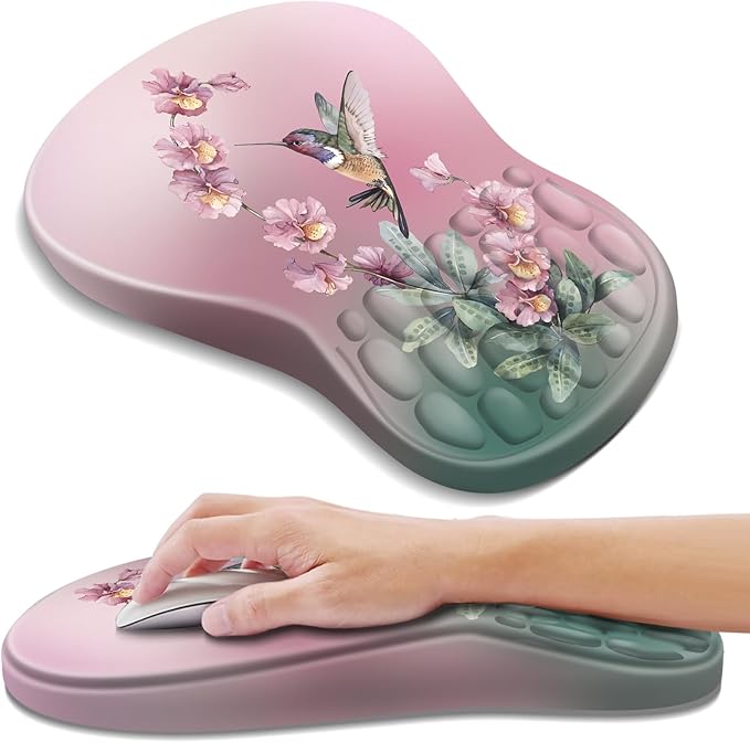 YIWEI Ergonomic Mouse Pad with Wrist Rest - Comfortable Office Mousepad with Memory Foam Wrist Support for Carpal Tunnel Relief, Mouse Pads with Non-Slip Base for Gaming and Home (Hummingbird)
