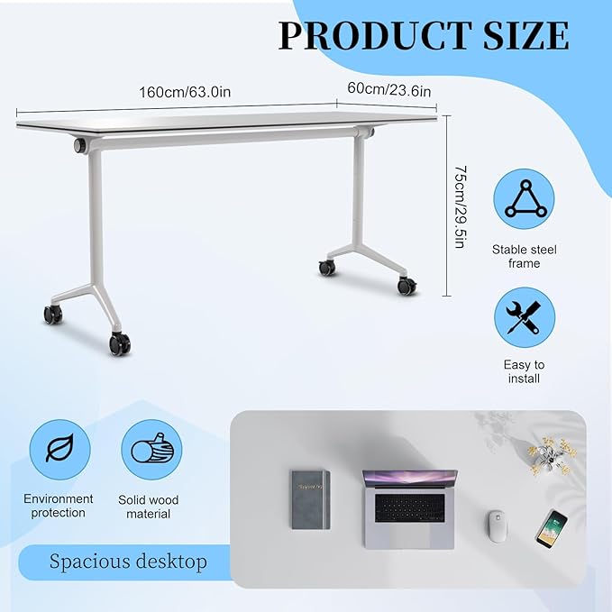 Conference Table, Folding Conference Room Tables, Modern Flip Top Seminar Training Meeting Table with Wheels, Modular Foldable Conference Tables for Home Office Classr (White 8 Pack, 63inch)