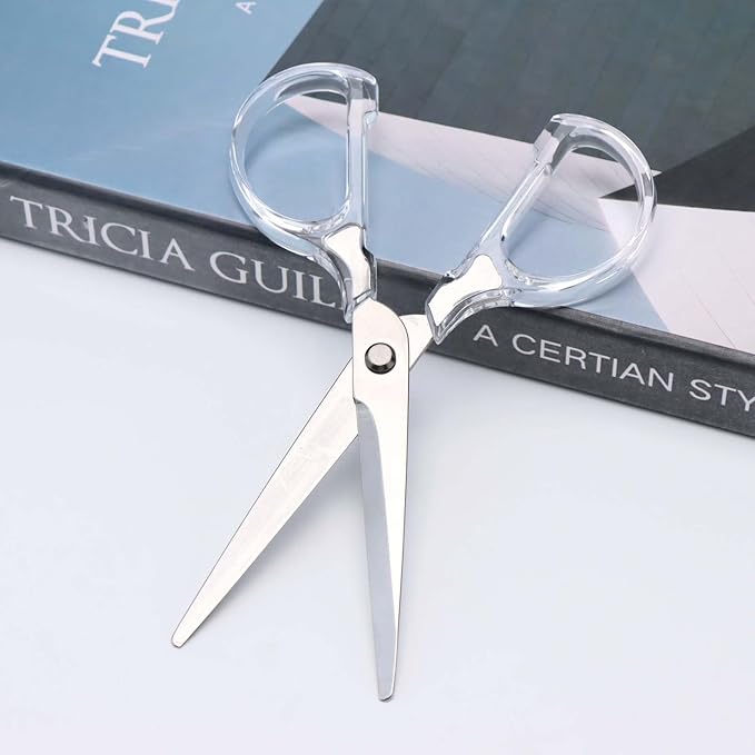 6 Inch Office Scissors Clear Acrylic Handles Silver Craft Scissor Semi-Circular Grip Fabric Shears Stainless Steel Sharp Blades Round Tips for Paper Thread (Silver)