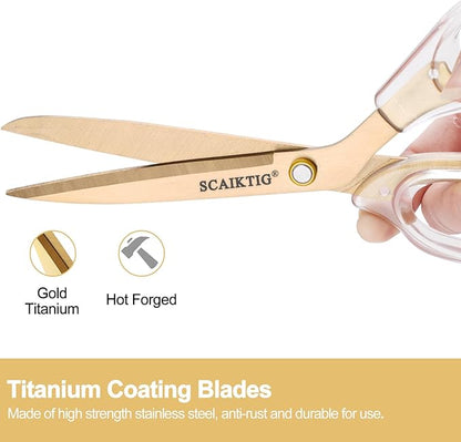 Acrylic Scissors Set, Office Scissors for Desk Gold, Clear Comfort-Grip Handles and Titanium Coated Blades, Sharp Scissors all Purpose Heavy Duty for Sewing, Art, Craft, School, Home Supplies