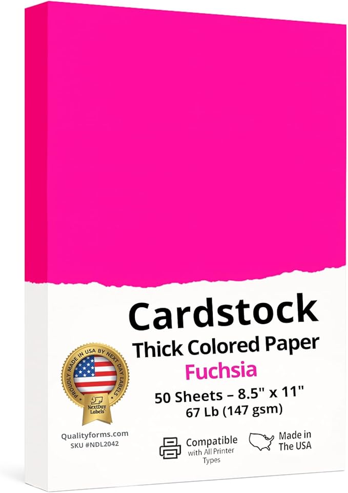 NextDayLabels Color Cardstock Paper - 50 Sheets - 8-1/2" x 11" - Fuchsia 67 lb (147 gsm) - Thick Colored Paper for Crafting, Invitations, Posters, Flyers, and DIY Projects - Made in USA