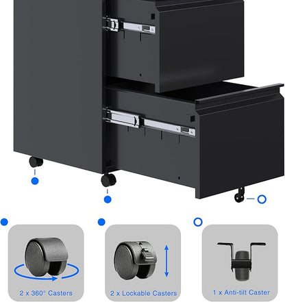 METAN 2 Drawer File Cabinet with Lock, Mobile Under Desk Filing Cabinet for Office Legal/Letter Size, Fully Assembled Except Wheels,Black