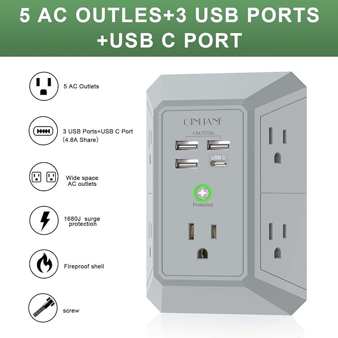 USB Wall Charger, Surge Protector, QINLIANF 5 Outlet Extender with 4 USB Charging Ports(3U1C) 3-Sided 1680J Power Strip Multi Plug Outlets Wall Adapter Spaced for Home Travel Office, Grey