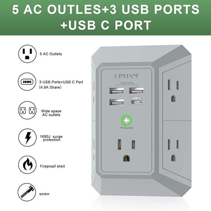 USB Wall Charger, Surge Protector, QINLIANF 5 Outlet Extender with 4 USB Charging Ports(3U1C) 3-Sided 1680J Power Strip Multi Plug Outlets Wall Adapter Spaced for Home Travel Office, Grey