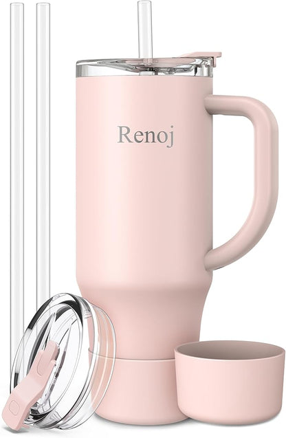 Renoj Tumbler with Handle 100% Leak Proof Insulated Water Bottle for Iced Coffee & Hot Drinks - Fits Car Cup Holder, Ideal Gift, 2 Straws & Silicone Boot BPA-Free - SnapShift Light Pink 40 oz