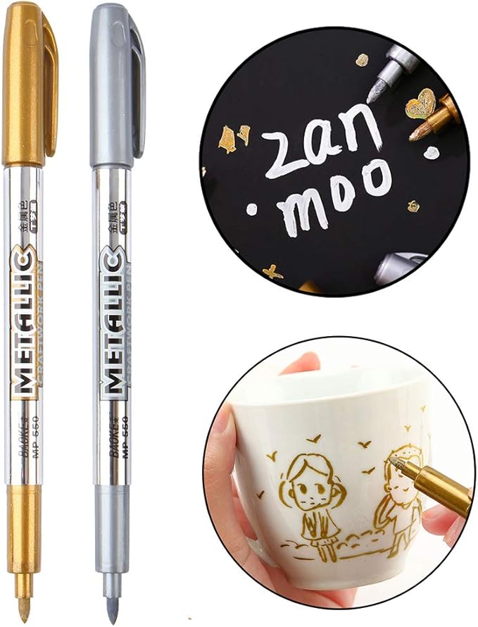 MYARTOOL Metallic Marker Pens, Gold and Silver Metallic Permanent Markers for Artist Illustration, Crafts, Gift Card Making, Scrapbooking, Fabric, DIY Photo Album, Value Set of 8