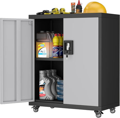 LUCYPAL Metal Storage Cabinet with Wheels,Garage Storage Cabinets with Locking Doors and Adjustable Shelves,Utility Tool Cabinet for Office,Home,Garage,Classroom,Black+Grey