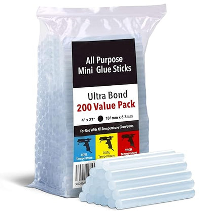 Artellius Mini Hot Glue Sticks - 4 in x 0.27 in, Pack of 200 - Universal Fit Glue Gun Sticks for Scrapbooking & Stamping Supplies - Fast-Melting Strong Bond with Adhesive Rods on Wood & Fabric