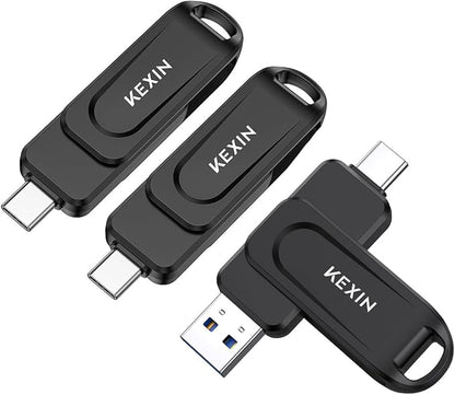 KEXIN Dual 64GB Flash Drive 3 Pack USB-A & Type-C Thumb Drive 3.0 100MB/s Swivel USB Drive 64GB Memory Stick for Smartphone Tablet iPhone 15/16 Car Game Console, Black 64G 3 Pack