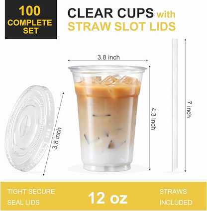 VITEVER 100 Sets - 12oz Clear Plastic Cups with Lids and Straws, Disposable Cups for Iced Coffee, Smoothie, Milkshake, Cold Drinks
