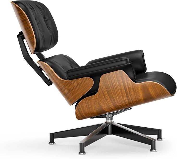 Top Black PU Leather, Mid Century Chaise Lounge Chair and Ottoman, Modern Chair Classic Design, Walnut Wood, Heavy Duty Base Support for Living Room Office