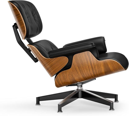 Top Black PU Leather, Mid Century Chaise Lounge Chair and Ottoman, Modern Chair Classic Design, Walnut Wood, Heavy Duty Base Support for Living Room Office