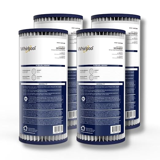 Whirlpool 10" x 4.5" Whole House Water Filter WHKF-WHPLBB, Full Case of 4 Pleated Filters, NSF Certified 20-Micron Rating Reduces Sediment, Fits Most 4.5 inch Diameter Standard Water Filter Housings