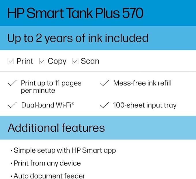 HP Smart Tank Plus 570 Wireless All-in-One Ink Tank Printer with up to 2 Years of Ink Included (5HX14A)