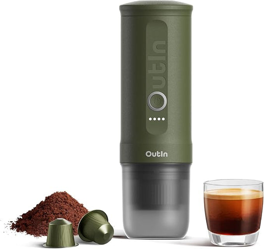 OutIn Nano Portable Electric Espresso Machine, Travel Coffee Maker for Camping, Car Coffee Maker Self-Heating with USB-C, With Ground Coffee & NS Capsule for RV, Hiking, Office