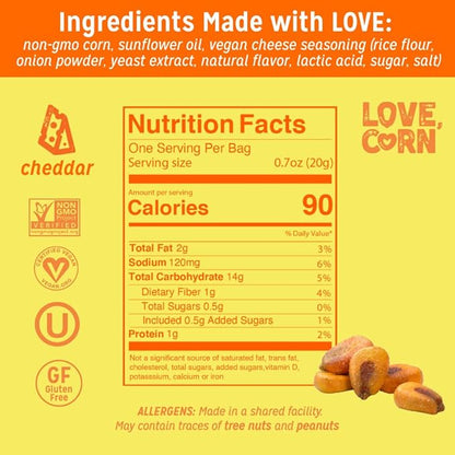 LOVE CORN Cheddar 0.7oz x 20 bags - Delicious Crunchy Corn - Healthy Family Snacks - Gluten Free, Kosher, NON-GMO - Alternative for Chips, Nuts, Crackers & Pretzels - Perfect for Charcuterie Boards