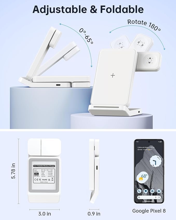 Upgraded Foldable 3 in 1 Wireless Charger for Pixel Watch 3/2 (Not for Pixel Watch 4/1), Fast Charger Stand for Pixel 10 Pro XL/9 Pro XL/9/8/7 Pro/8a/6 Pro & Buds, Charging Station with Adapter, White