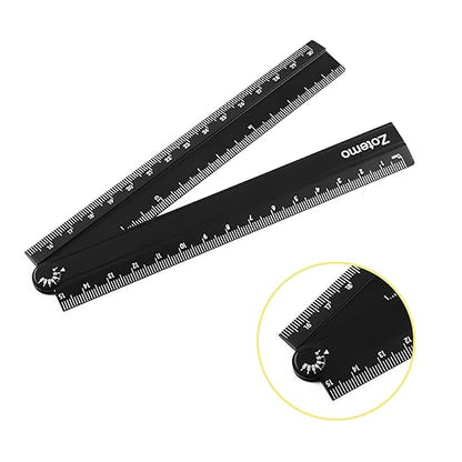 2-in-1 Foldable Metal Ruler & Protractor -15cm Compact to 30cm Extended, Precision Laser Etched Metric Scale, Aluminum Folding Small Ruler for Planner Journaling Drafting Drawing (Black)