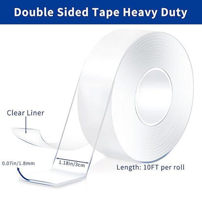 Double Sided Tape Heavy Duty 2 Rolls 120" x 1.18" Removable Nano Tape for Poster Carpet Picture Hanging Strip Rug Strong Adhesive Multipurpose Clear Mounting Two Stick Sided DIY Tape - 20 Feet