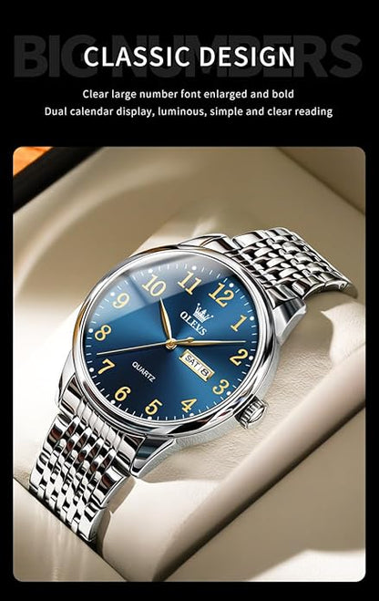 OLEVS Mens Watch Stainless Steel Analog Quartz Watches for Men Day Date Easy Read Diamond Waterproof Dress Luxury Classic Casual Big Face Blue/Black/Gold/Silver Roman Arabic Numerals Men's Wrist Watch