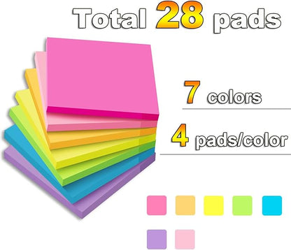 (28 Pads) Sticky Notes Bulk 3x3 in Post Bright Stickies Colorful Super Sticking Power Memo Pads, Strong Adhesive
