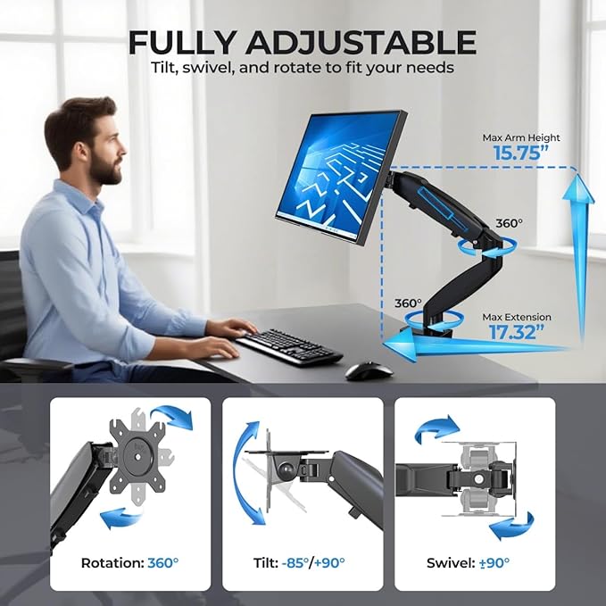Single Monitor Arm Mount for 13-32 Inch Screens - Gas Spring Adjustable Stand with VESA 75x75/100x100, Clamp & Grommet Base, Holds Up to 20 lbs LCD Computer Monitors, Ergonomic Desk Mount