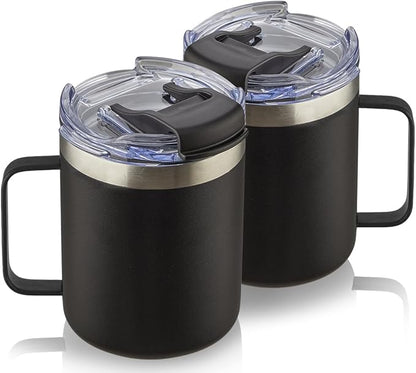 ALOUFEA 12oz Stainless Steel Insulated Coffee Mug with Handle, Double Wall Vacuum Tumbler Cup with Fliping Lid, Black, 2 Pack