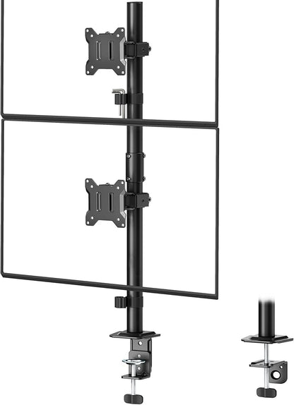 monTEK Stable Vertical Dual Monitor Mount, Stacked Desk Stand for Two 17-32 inch Screens, Full Motion Arm with Tilt, Swivel, Rotation, Supports 22 lbs per Arm, C-Clamp/Grommet Base, VESA 100×100mm Max