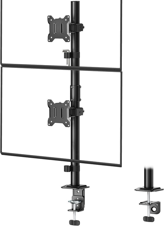 monTEK Stable Vertical Dual Monitor Mount, Stacked Desk Stand for Two 17-32 inch Screens, Full Motion Arm with Tilt, Swivel, Rotation, Supports 22 lbs per Arm, C-Clamp/Grommet Base, VESA 100×100mm Max
