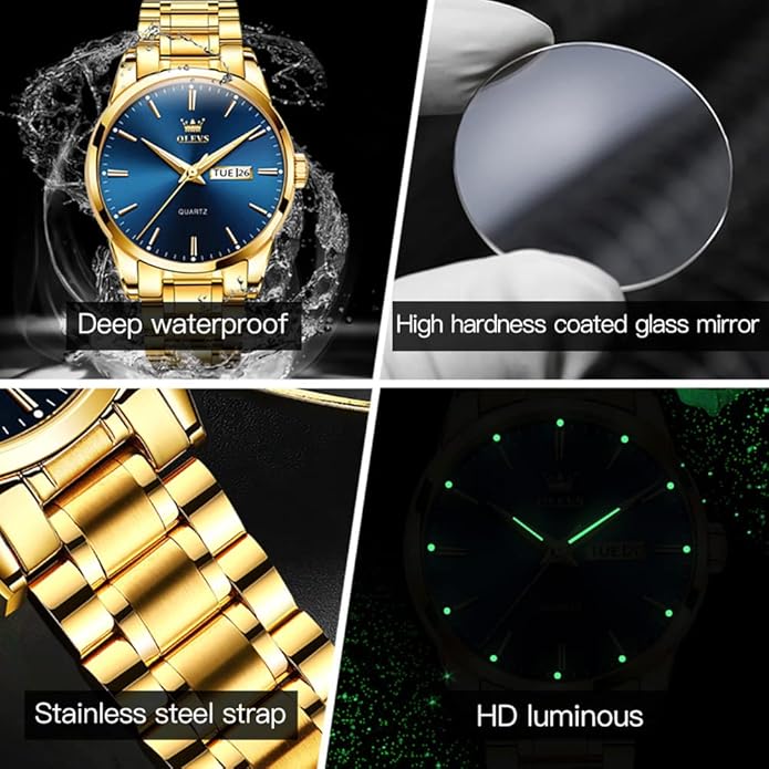 OLEVS Men's Luxury Watch Waterproof Luminous Easy Read Chronograph Watches Full Gold/White Dail/Black Face with Calendar Wristwatch