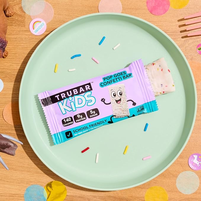 TRUBAR Kids Protein Bars, Pop Goes Confetti, Plant Based Protein, Gluten Free School-Friendly Snacks for Lunchboxes, Tree Nut and Peanut Free, Low Sugar, Healthy On the Go Snack Bars, 12 Count