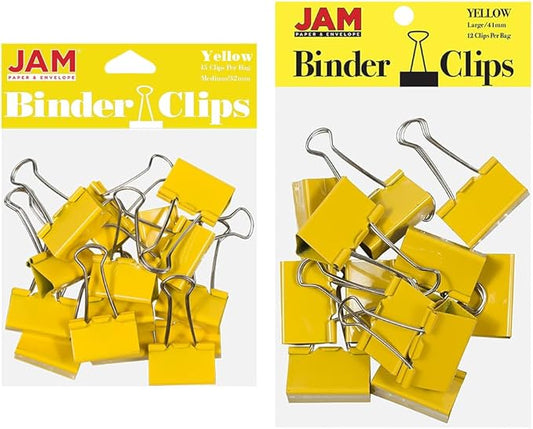 JAM PAPER Colorful Binder Clips Assortment - Medium & Large Size - Yellow Binderclips - 27 Clips/Pack