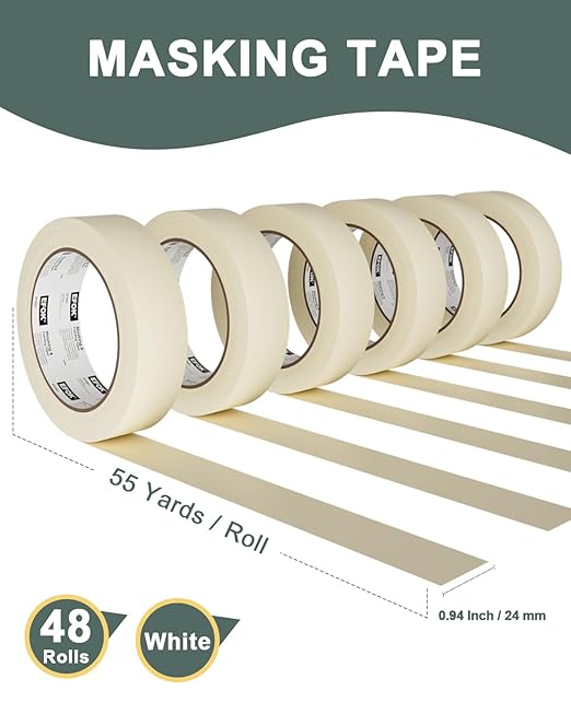 48 Rolls Masking Tape 1 Inch Wide Bulk - 0.94 Inch x 55 Yards - Anti-UV White Professional Masking Tapes for General Purpose Painting - DIY Arts & Crafts No Residue
