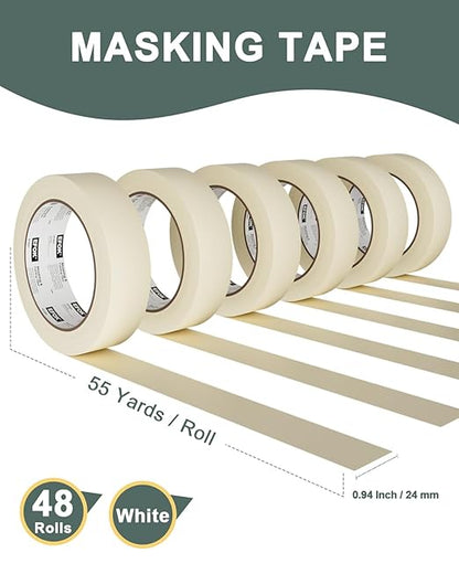48 Rolls Masking Tape 1 Inch Wide Bulk - 0.94 Inch x 55 Yards - Anti-UV White Professional Masking Tapes for General Purpose Painting - DIY Arts & Crafts No Residue