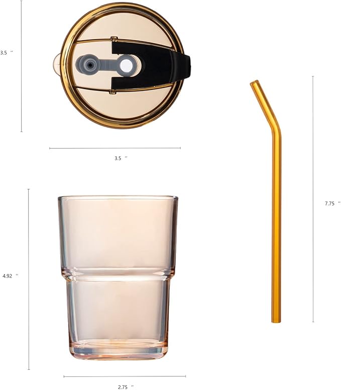 13 oz Tumbler Water Glass, Water Bottle with Straw and Dustproof Lid, Coffee Ice Cup Double Wall Insulated Glass Cup (Amber-2Pack)