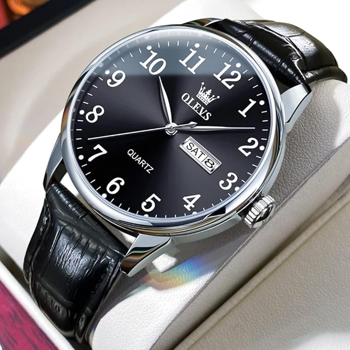OLEVS Mens Watches Vintage Leather Band Dress Classic Easy Reader Arabic Numerals Analog Quartz Waterproof Date and Day Blue/Black/White Large Face Men's Wrist Watches
