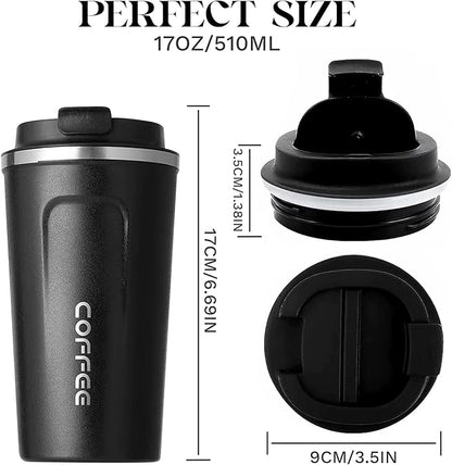 YINBAOGE Insulated Travel Coffee Mug, Spill & Leak Proof, Portable To Go Camping Stainless Steel Coffee Tumbler, Reusable Thermal Coffee Cup with Lid for Hot & Cold Drinks (2nd-Black, 17 OZ)
