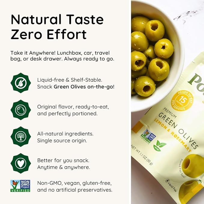 POSHI Green Pitted Olives - Lemon & Rosemary | Vegan, Kosher, Gluten Free + Keto Friendly, Fresh, All Natural Low Calorie Healthy Snacks | (30 Pack, 1.1oz Bags)