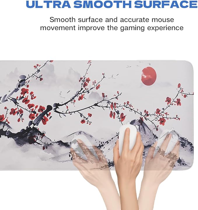 Large Sakura Mouse Pad, White Japanese Cherry Blossom Desk Mat,Extended Non-Slip Keyboard Mouse Pad Waterproof Office Desk Pad 23.6"x11.8" Anime Mouse Pads Desktop Protector for Office Home