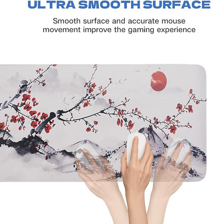 Large Sakura Mouse Pad, White Japanese Cherry Blossom Desk Mat,Extended Non-Slip Keyboard Mouse Pad Waterproof Office Desk Pad 23.6"x11.8" Anime Mouse Pads Desktop Protector for Office Home