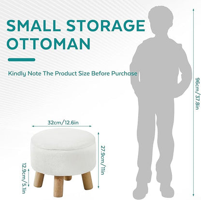 Small Foot Stool Ottoman with Storage, Faux Fur Ottoman Foot Rest for Couch, Round Footstool with Storage, Small Ottomans and Footstools for Living Room and Entryway (White)