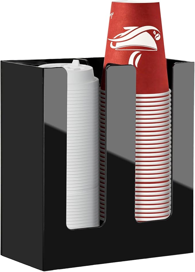 MYITYARD Coffee Cup Holder, Cup and Lid Organizer fits 5 to 16 oz Disposable Paper & Plastic Cups, Cup Dispenser Countertop, Acrylic Cup Storage for Home, Kitchen, Office (2 Compartment)