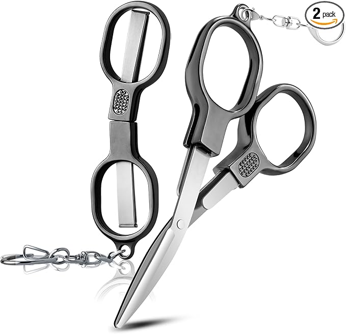 2 Pcs Folding Stainless Steel Portable Mini Travel Scissors, Safety Foldable Pocket Badge Small Scissors All Purpose with 2 Keychain for Travel, Office, Craft, Sewing, Nurse Accessories (Gray Black)