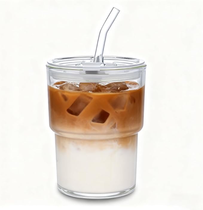13oz Glass Tumbler with Straw and Lid Sealed, Carry On Reusable Iced Coffee Cups,Thick Wall Glass Coffee Drinking Glassware Cups