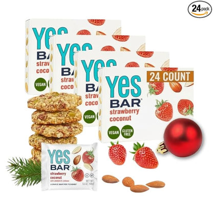 The YES Bar – Strawberry Coconut – Plant Based Protein, Decadent Snack Bar – Vegan, Paleo, Gluten Free, Dairy Free, Low Sugar, Healthy Snack, Breakfast, Low Carb, Keto Friendly (24 Count)