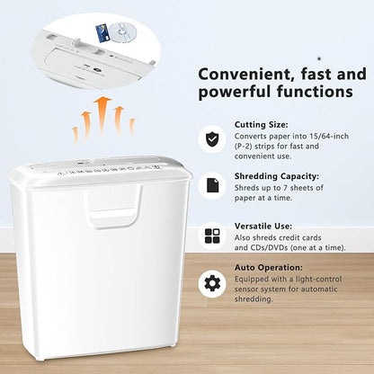 Bonsaii High-Performance 7-Sheet Strip-Cut Shredder, Low Noise, CD & Credit Card Compatible, with 3.4-Gallon Bin and Thermal Protection, White