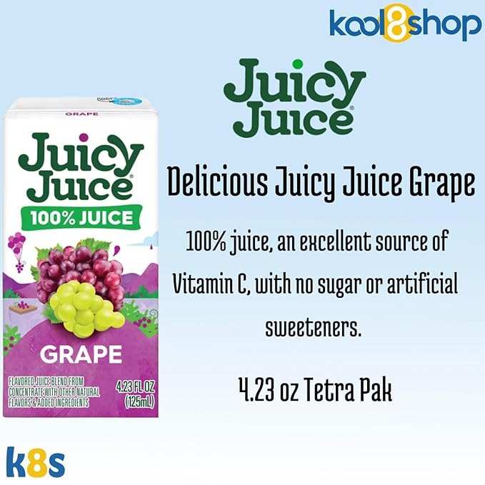 Juicy Juice Grape 100% Juice No Sugar Added On The Go Box 4.23 fl oz 40 Pack + 2 Reusable Snack Bags by KOOL8SHOP Infinite Deals