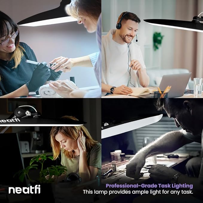 Neatfi XL LED Desk Lamp with Base, 2200 Lumens, 24W, 20-Inch Wide Head, Dimmable 4 Brightness Levels, Task Light for Home Office, Crafts, Workbench (Non-CCT, Black)